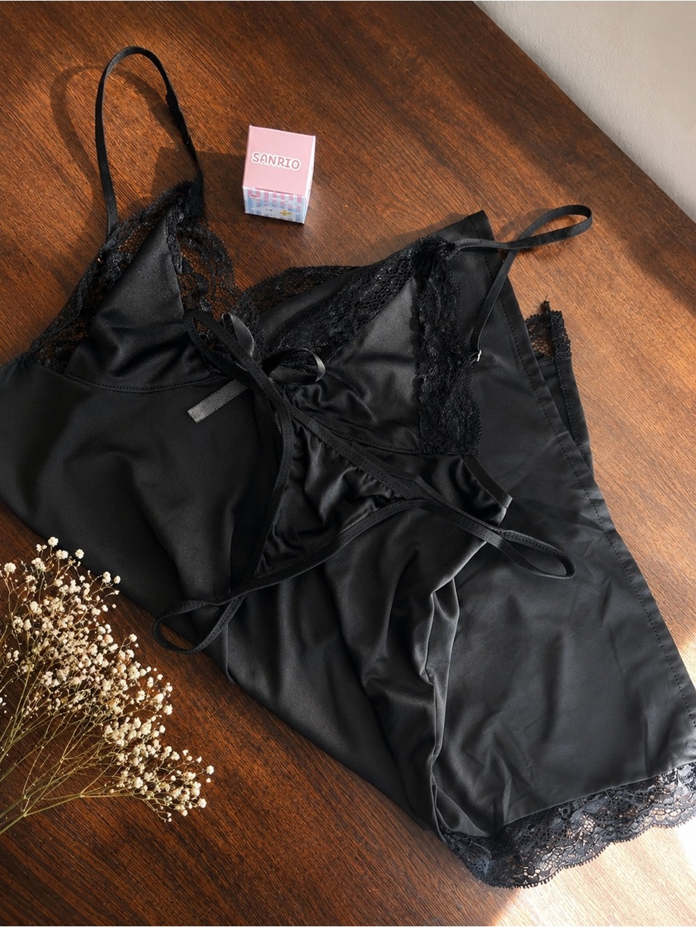 Black Lace Trim Lingerie Set + Mystery Sanrio Keychain